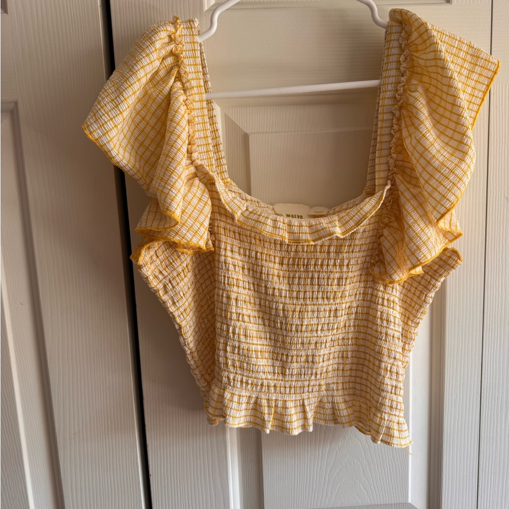 Maeve Yellow Check Flutter Sleeve Women's Top